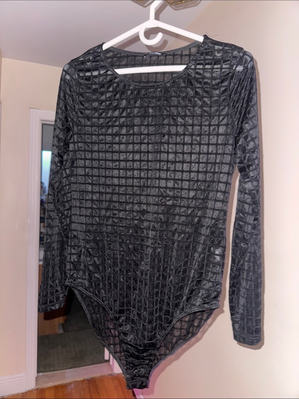 Women's Black Grid Mesh Long-Sleeve Bodysuit